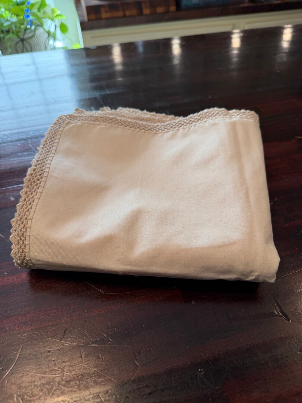 Vintage Cream Linen Table Topper- Cloth Crocheted Lace Border & Corner Medallion